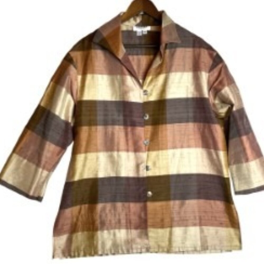 NIRA NIRA WOMENS VINTAGE 100% SILK PLAID TUNIC LOOSE FIT BLOUSE SIZE MED-USA